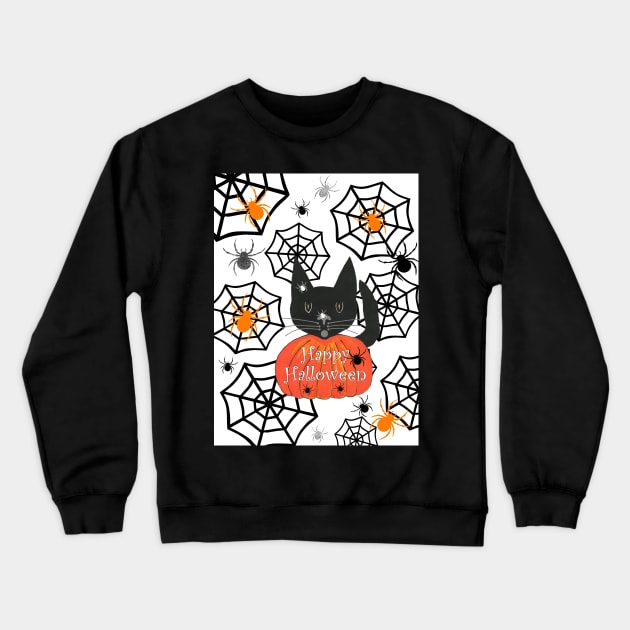 BLACK Cat Halloween With Spiders Crewneck Sweatshirt by SartorisArt1